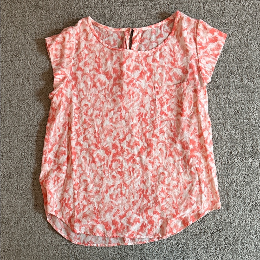 Joie Lightweight Coral and White Abstract Print Cap Sleeve Top